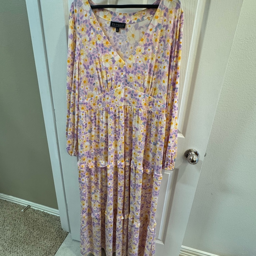 Eloquii Floral Long Sleeve Dress - Purple and Yellow